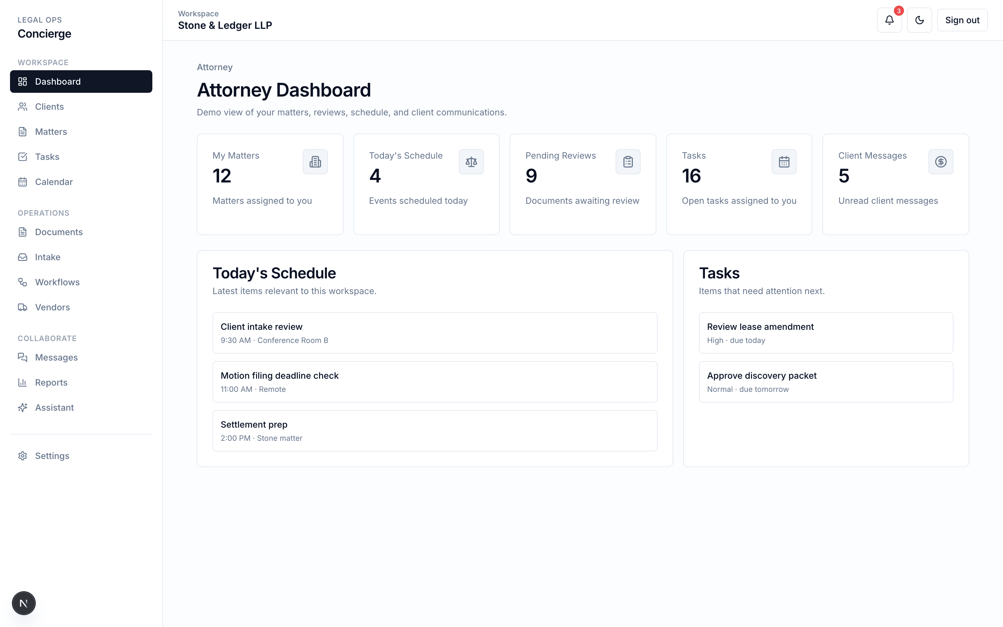 Attorney dashboard in the Legal Ops Concierge platform